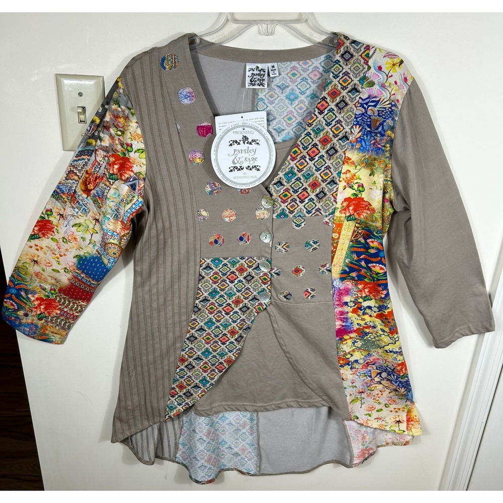 Parsley & Sage Patchwork Tunic Top Women M Taupe Mixed Media Artsy Lagenlook
